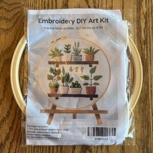 Embroidery DIY Art Kit Indoor Potted Plants Shelf Natural Colors Plant Life Hoop
